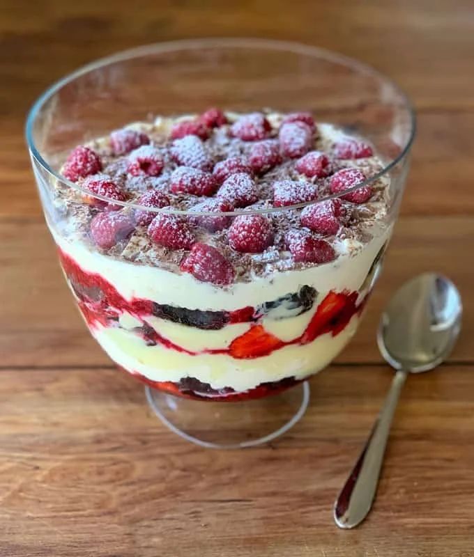 Delicious chocolate brownie trifle with layers of brownie and cream
