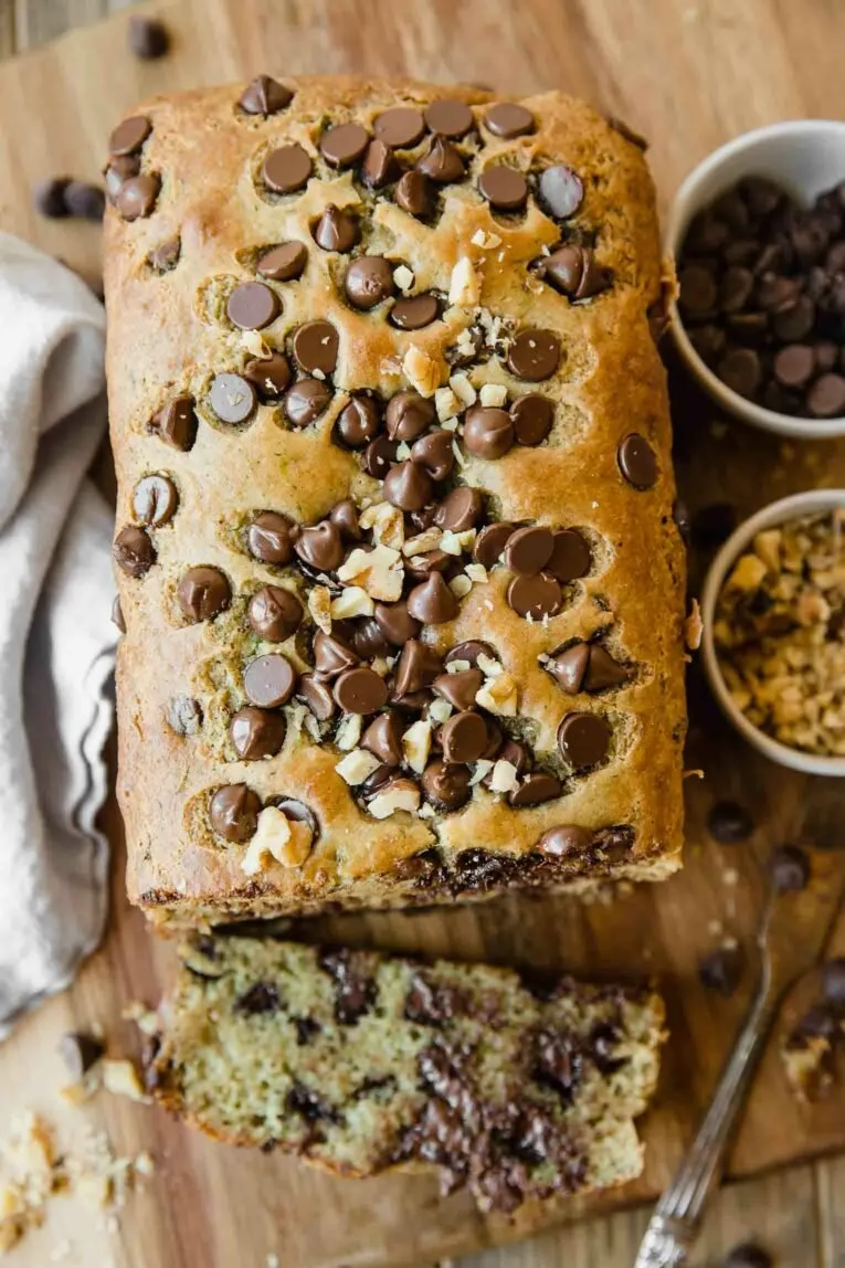 Delicious chocolate chip zucchini bread freshly baked and ready to enjoy