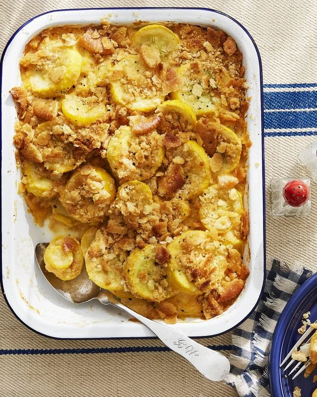 Classic Hearty Squash Casserole served in a baking dish, topped with golden breadcrumbs.