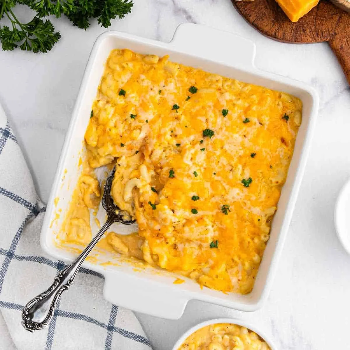 Creamy Copycat Chick Fil A Mac and Cheese dish topped with breadcrumbs.