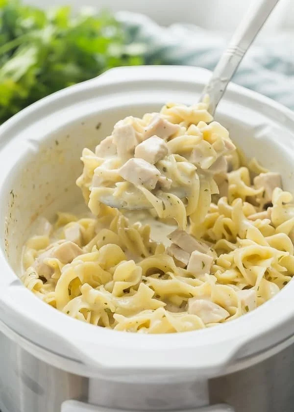 Creamy Crockpot Chicken and Noodles served in a bowl
