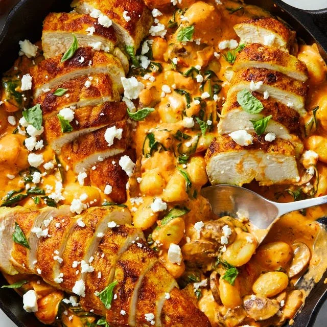 Creamy harissa chicken served with gnocchi in a delicious sauce
