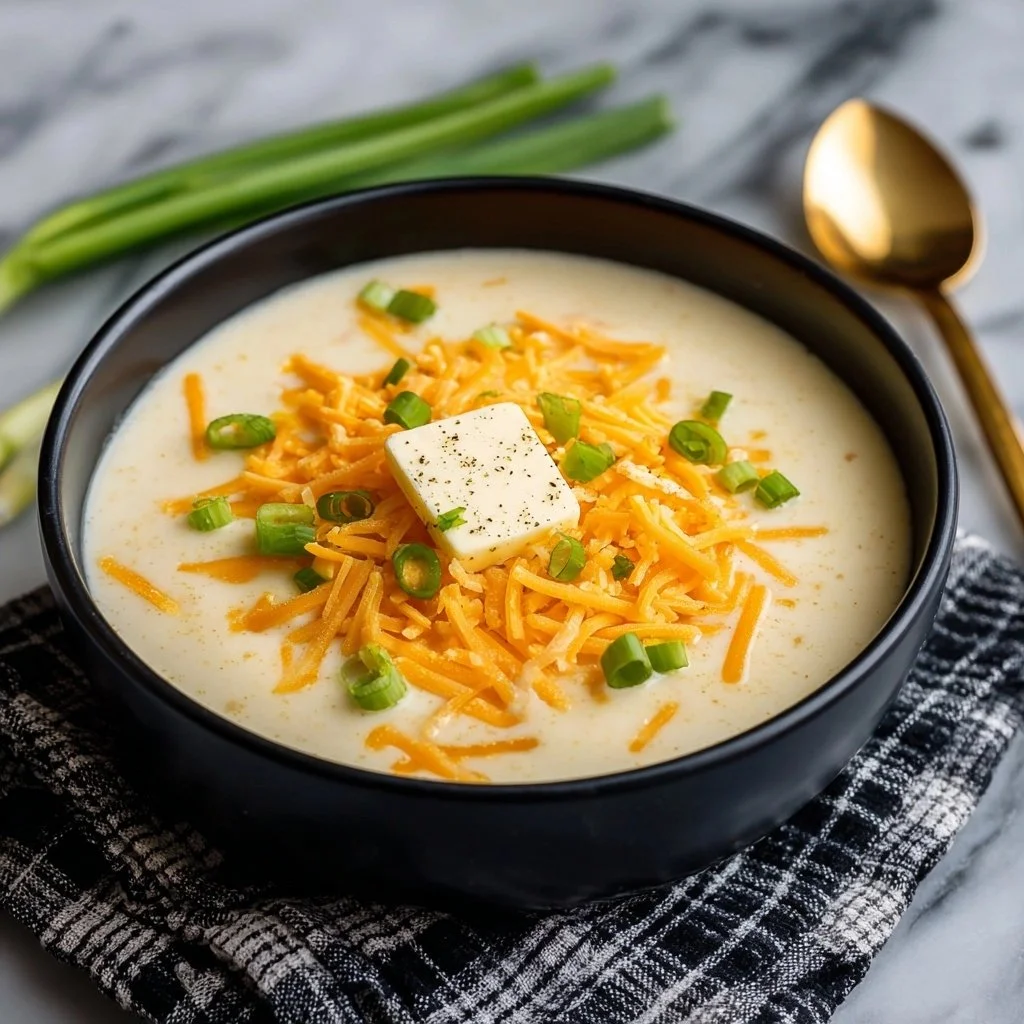Bowl of creamy old-fashioned potato soup garnished with herbs