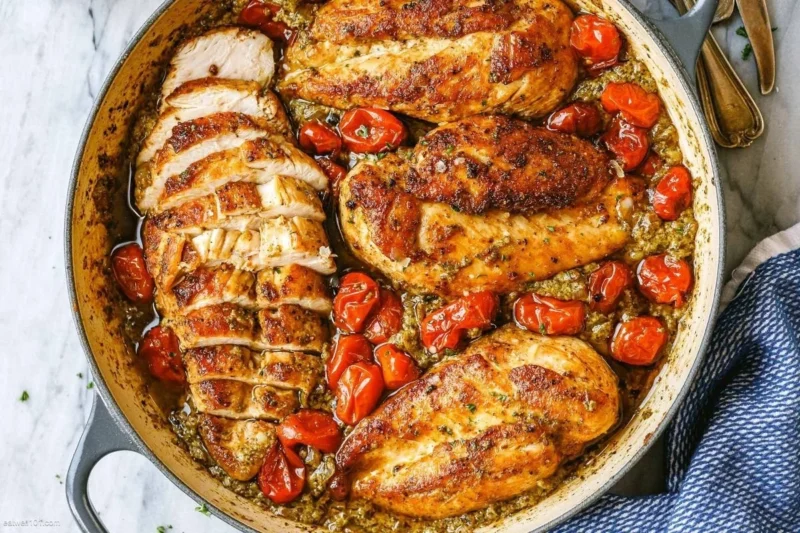 Creamy Pesto Chicken with Roasted Tomatoes