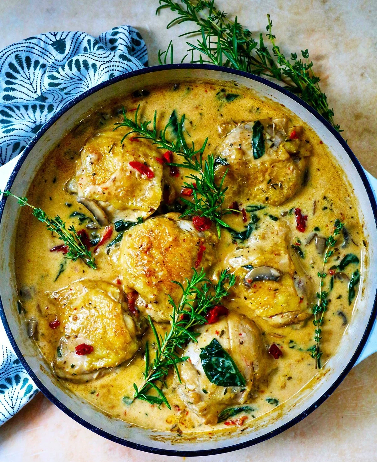 Creamy sun-dried tomato chicken with spinach and mushroom sauce on a plate