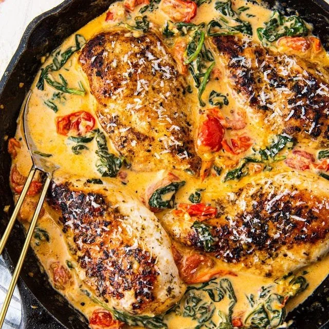 Delicious creamy Tuscan chicken dish with sun-dried tomatoes and spinach