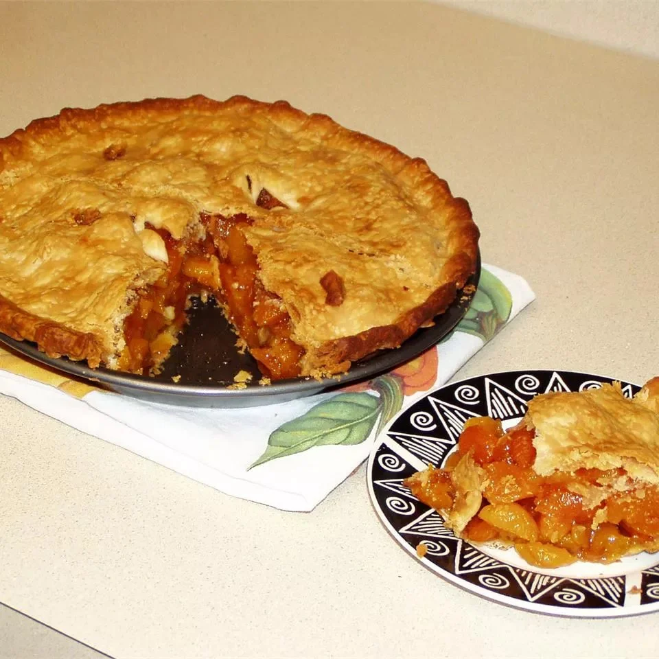 A delicious slice of dried apricot pie on a rustic wooden table