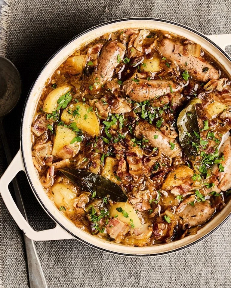 Bowl of Dublin Coddle, a traditional Irish stew with sausages and potatoes