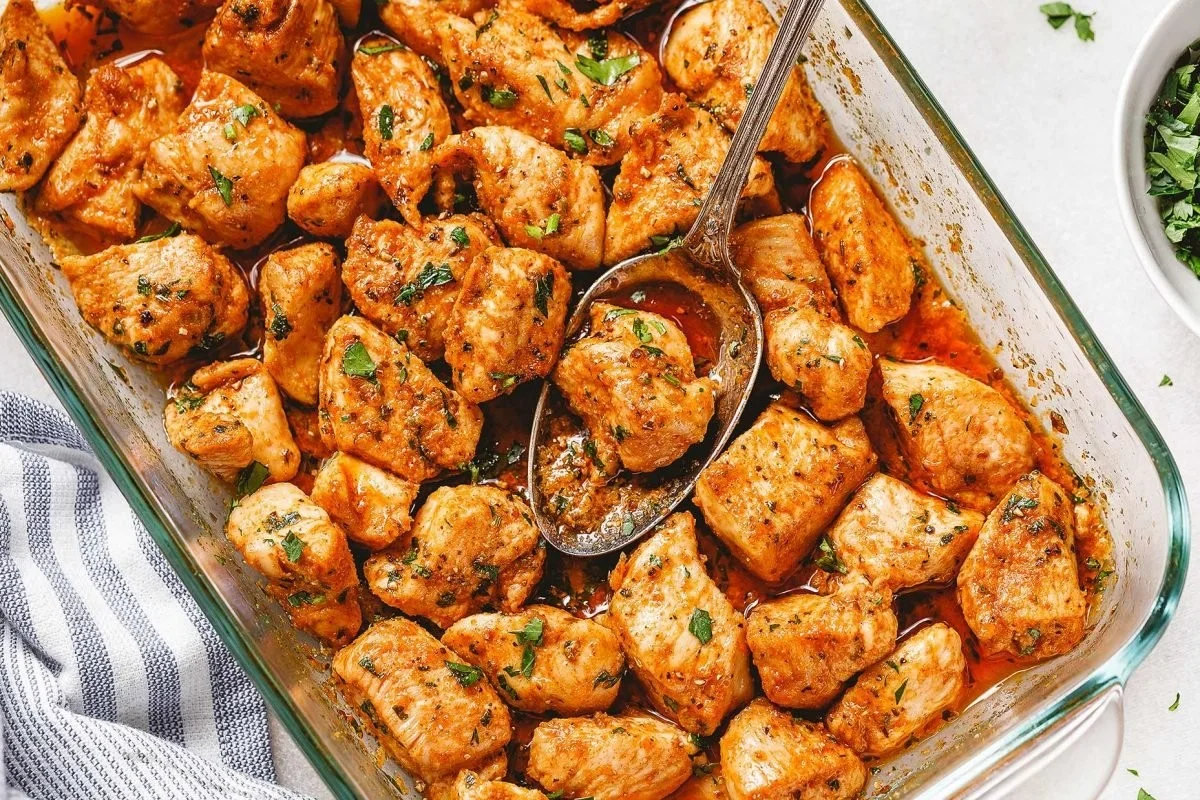 Delicious and easy oven baked chicken bites served with dipping sauce