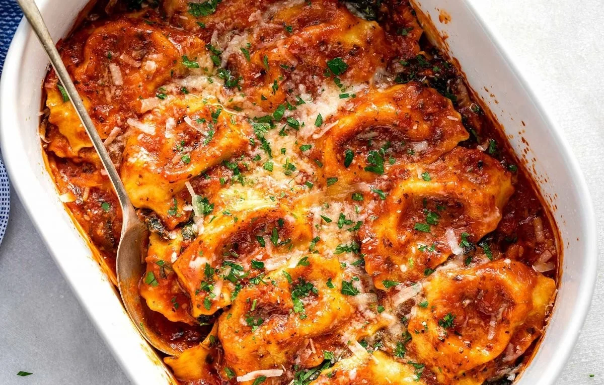 Easy Tomato Spinach Ravioli Bake dish with fresh ingredients