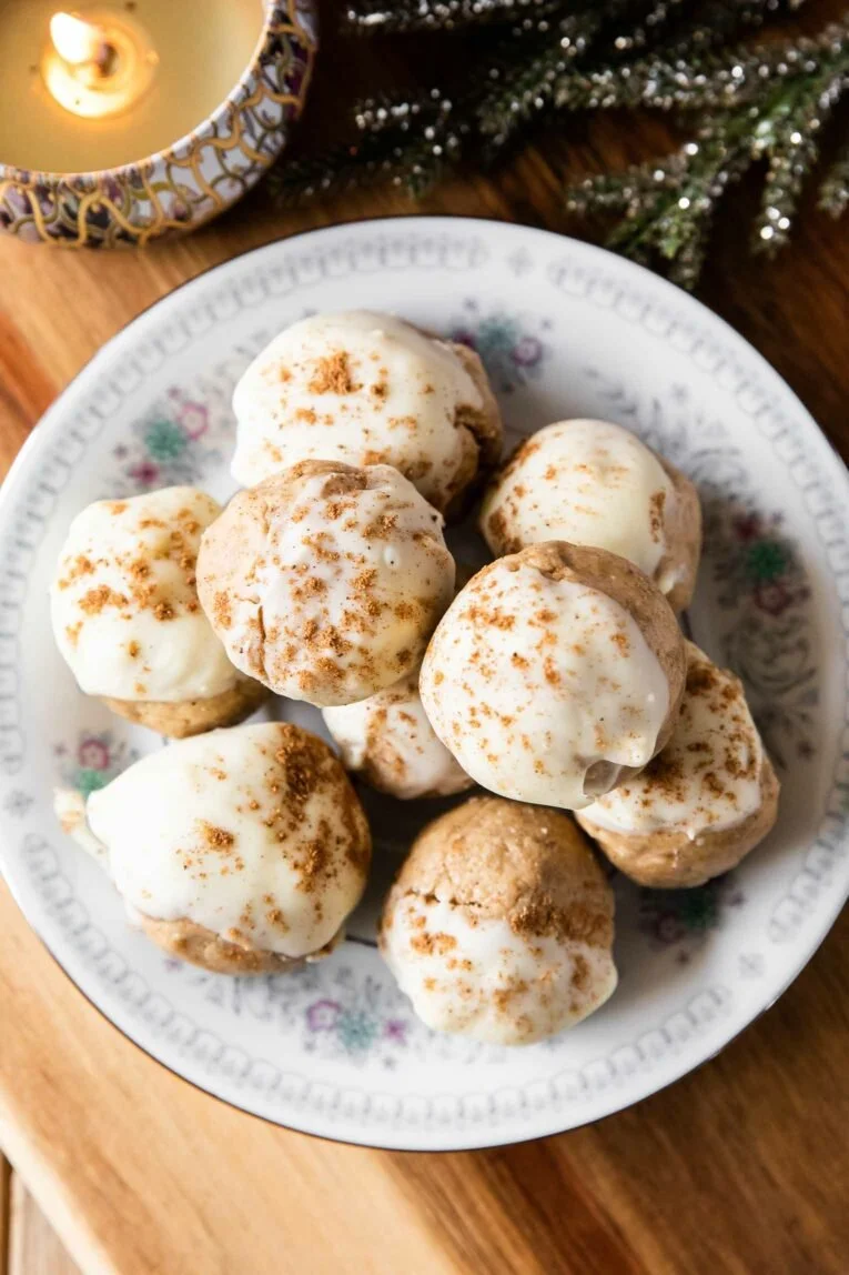 Gingerbread Cookie Protein Bites ready to be enjoyed as a healthy snack