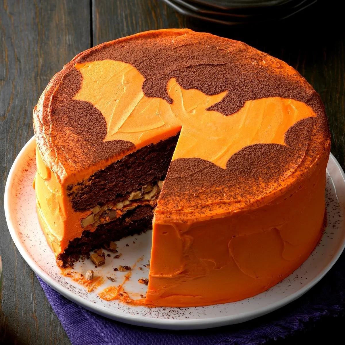Delicious Halloween Bat Cake decorated with spooky chocolate bats.