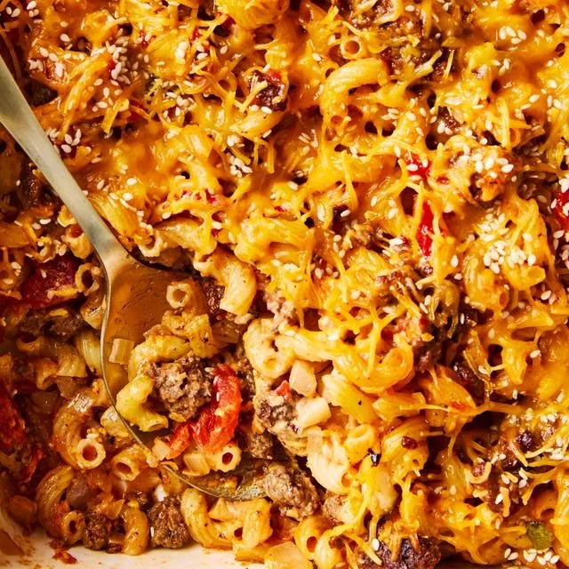 Baked Hamburger Casserole topped with cheese and served hot in a dish