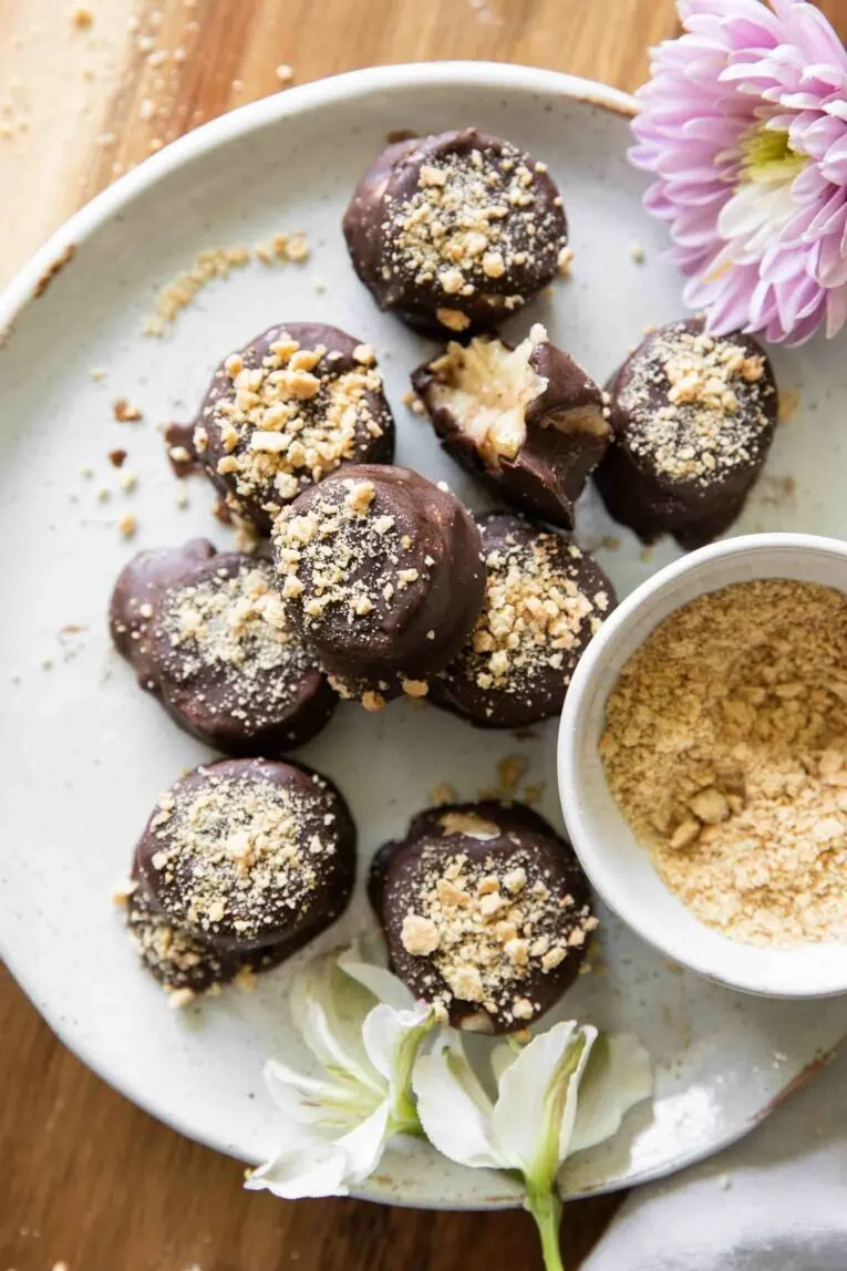Healthy S'mores Banana Bites with chocolate and marshmallow on bananas