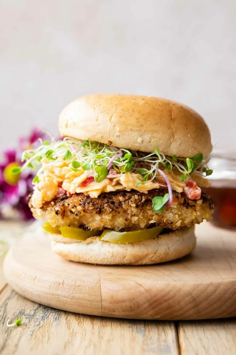 Honey Pepper Pimento Chicken Sandwich with crispy chicken and spicy pimento sauce