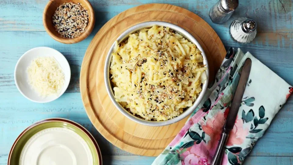 Instant Pot Cauliflower Hash Brown Casserole served in a bowl
