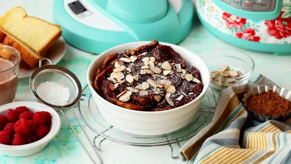 Delicious Instant Pot Chocolate Almond French Toast Casserole toasted and served
