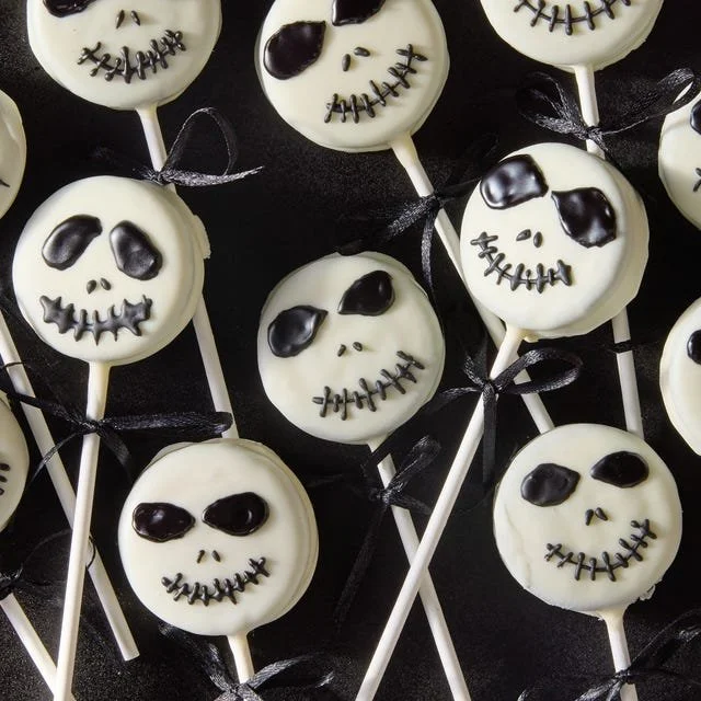 Jack Skellington Oreo pops decorated for Halloween treats