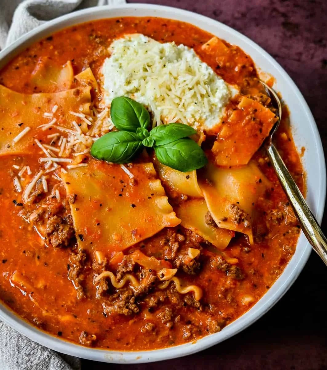 Delicious bowl of homemade lasagna soup with cheese and herbs