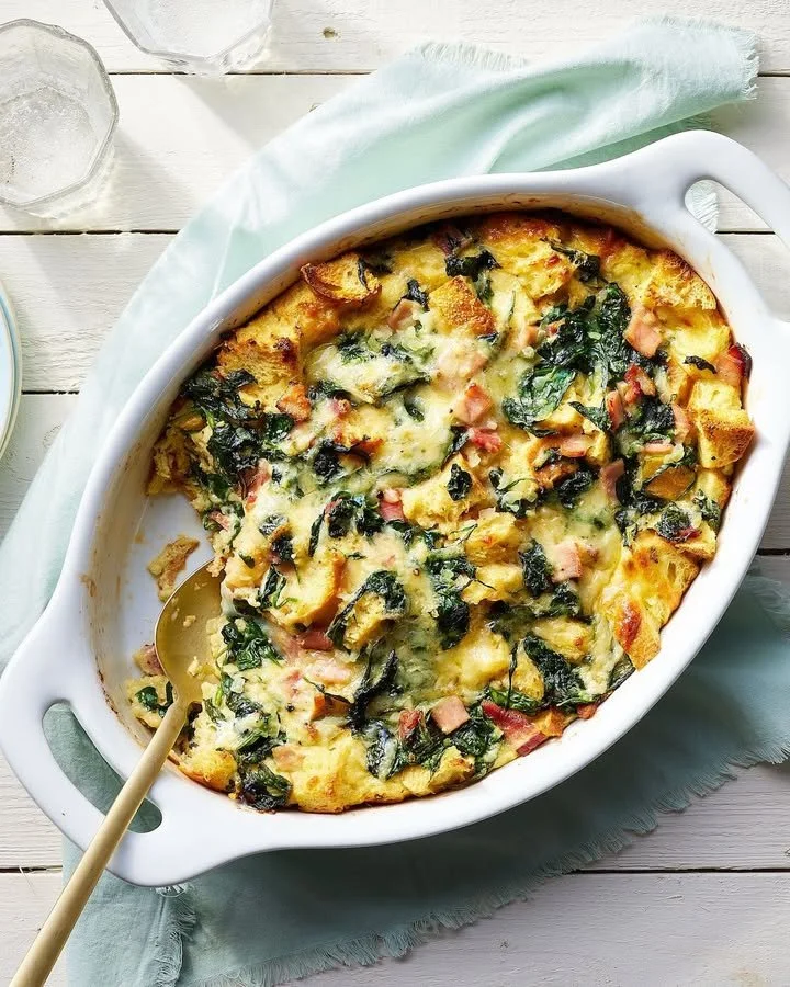 Delicious make-ahead breakfast casserole served in a baking dish