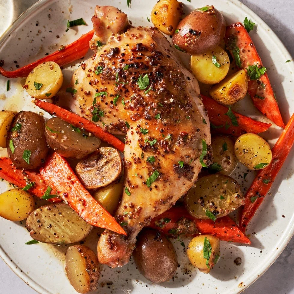 Maple-Mustard Glazed Chicken served with roasted vegetables