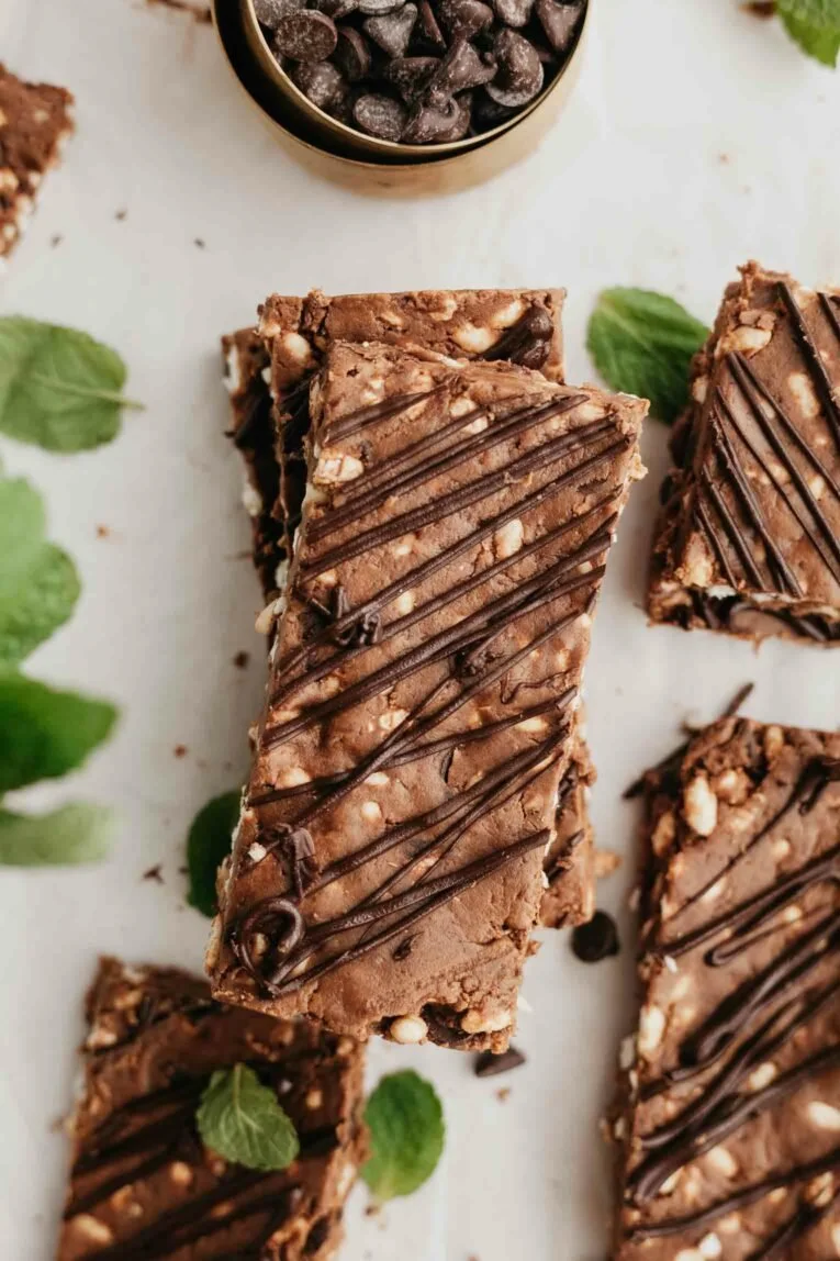 Mint Dark Chocolate Protein Bars with a rich chocolate coating and mint flavor