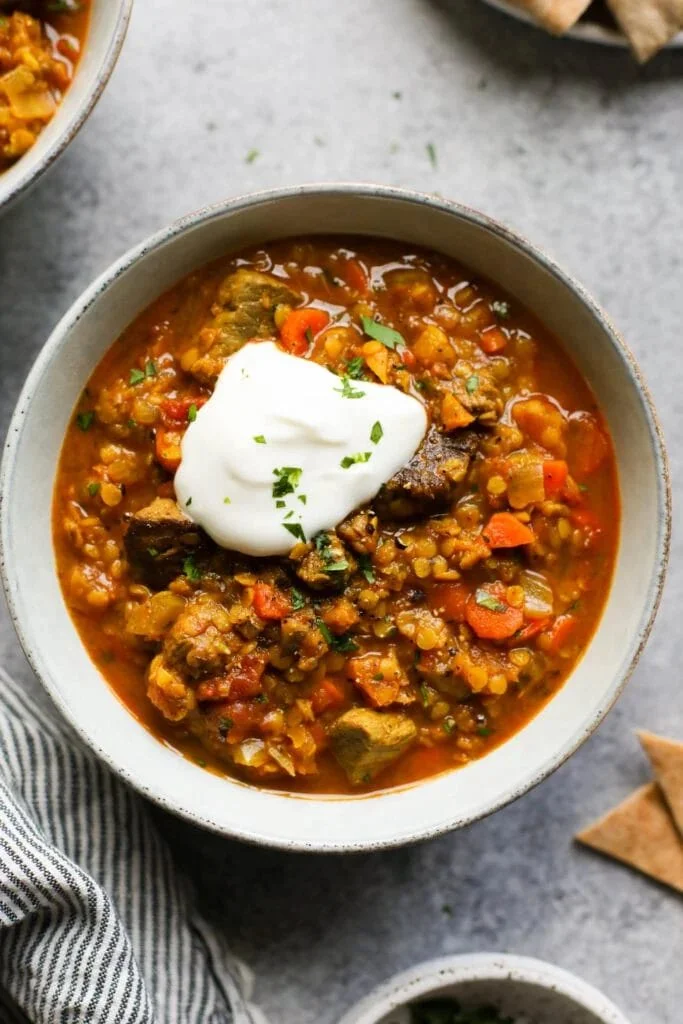 Moroccan-Spiced beef and lentil stew served in a bowl