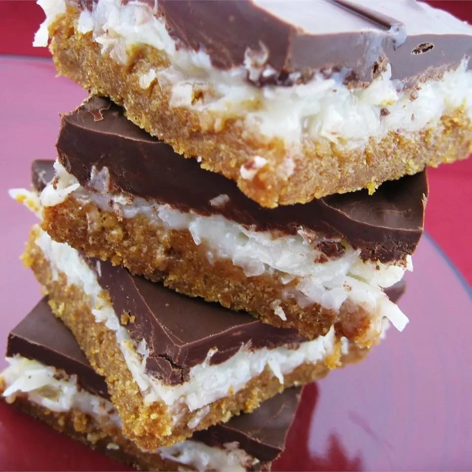 Mound Bars with chocolate and coconut in a beautiful presentation