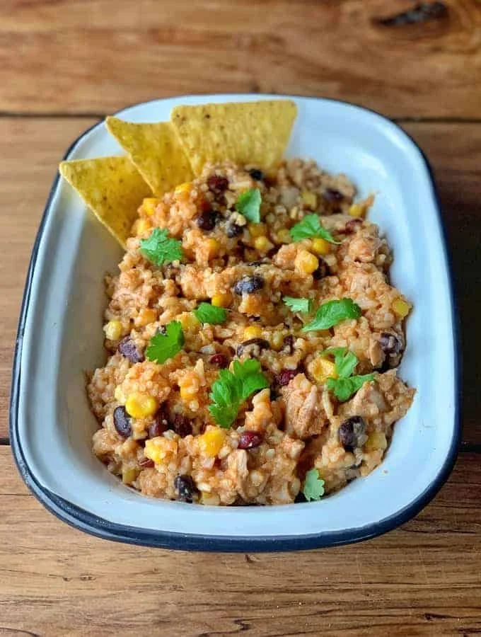 Dish of Multi Cooker Mexican Chicken and Rice served in a bowl