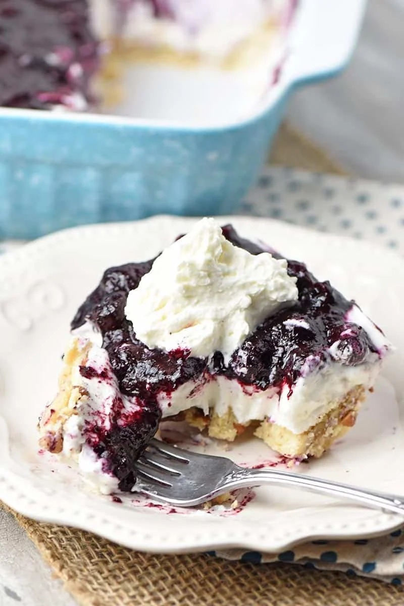 No Bake Blueberry Yum Yum dessert with fresh blueberries and creamy layers
