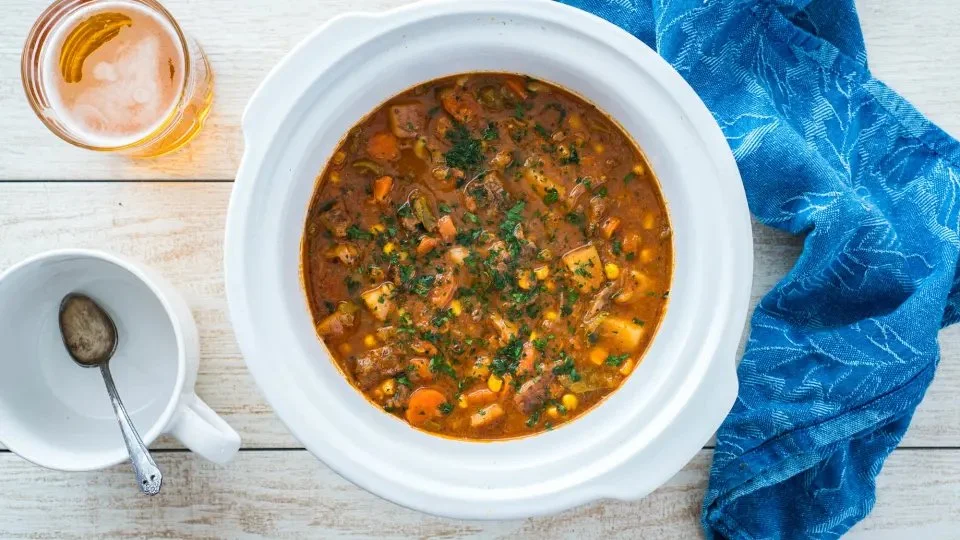A bowl of Old Fashioned Beef Stew with vegetables and tender chunks of meat