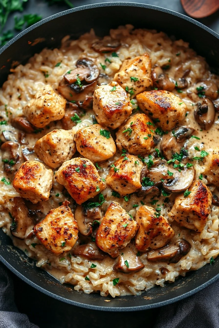 One pot chicken and mushroom rice dish prepared in a cozy oven setting