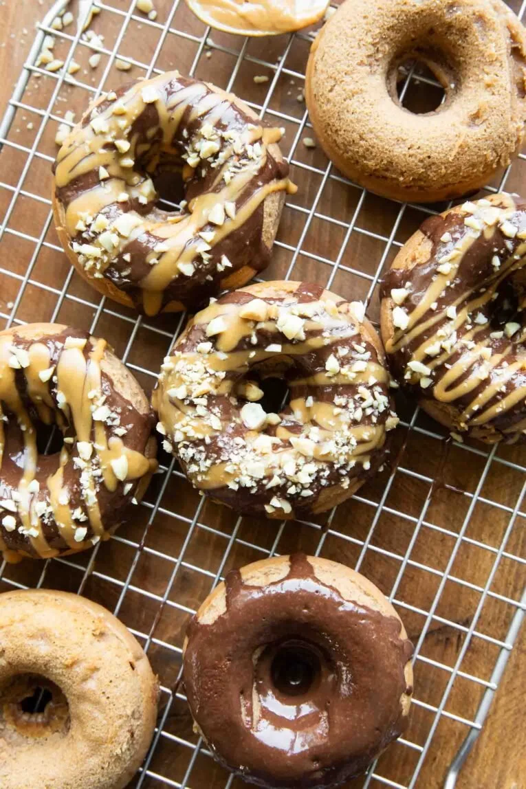 Peanut Butter Chocolate Blender Donuts ready to eat, topped with chocolate glaze.