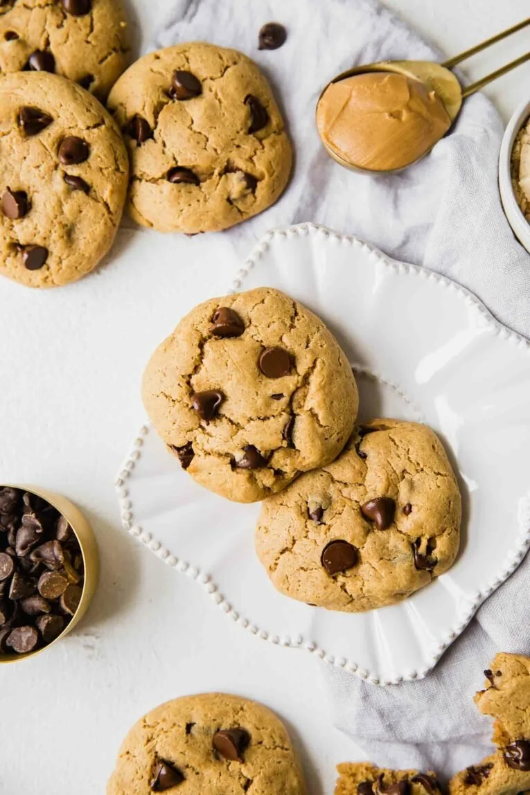 Delicious peanut butter chocolate protein cookies stacked on a plate