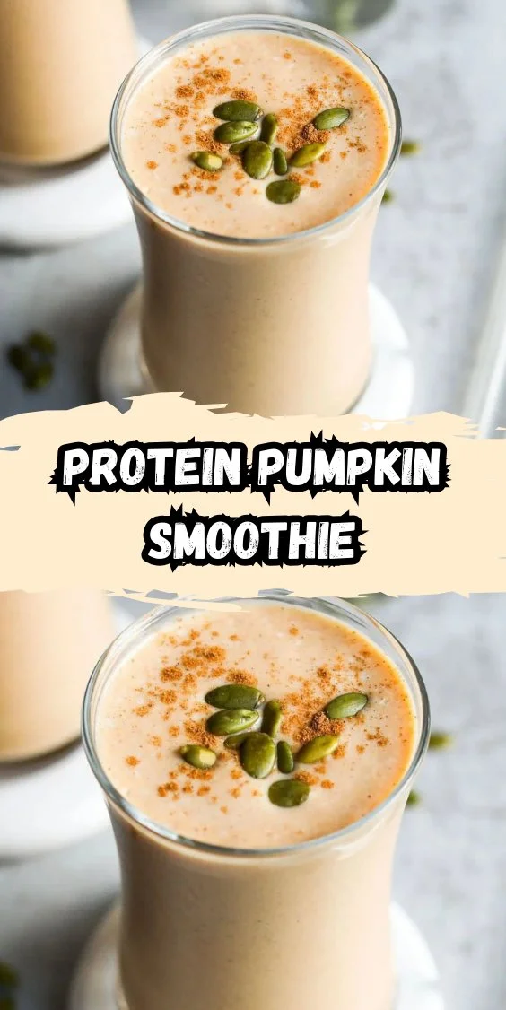 Creamy protein pumpkin smoothie in a glass with a sprinkle of cinnamon on top.