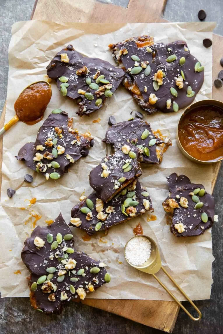 Delicious Pumpkin Butter Date Bark topped with nuts and spices
