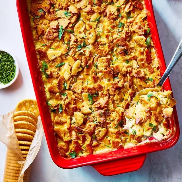 Ritz Cracker Chicken Casserole topped with crispy Ritz crackers