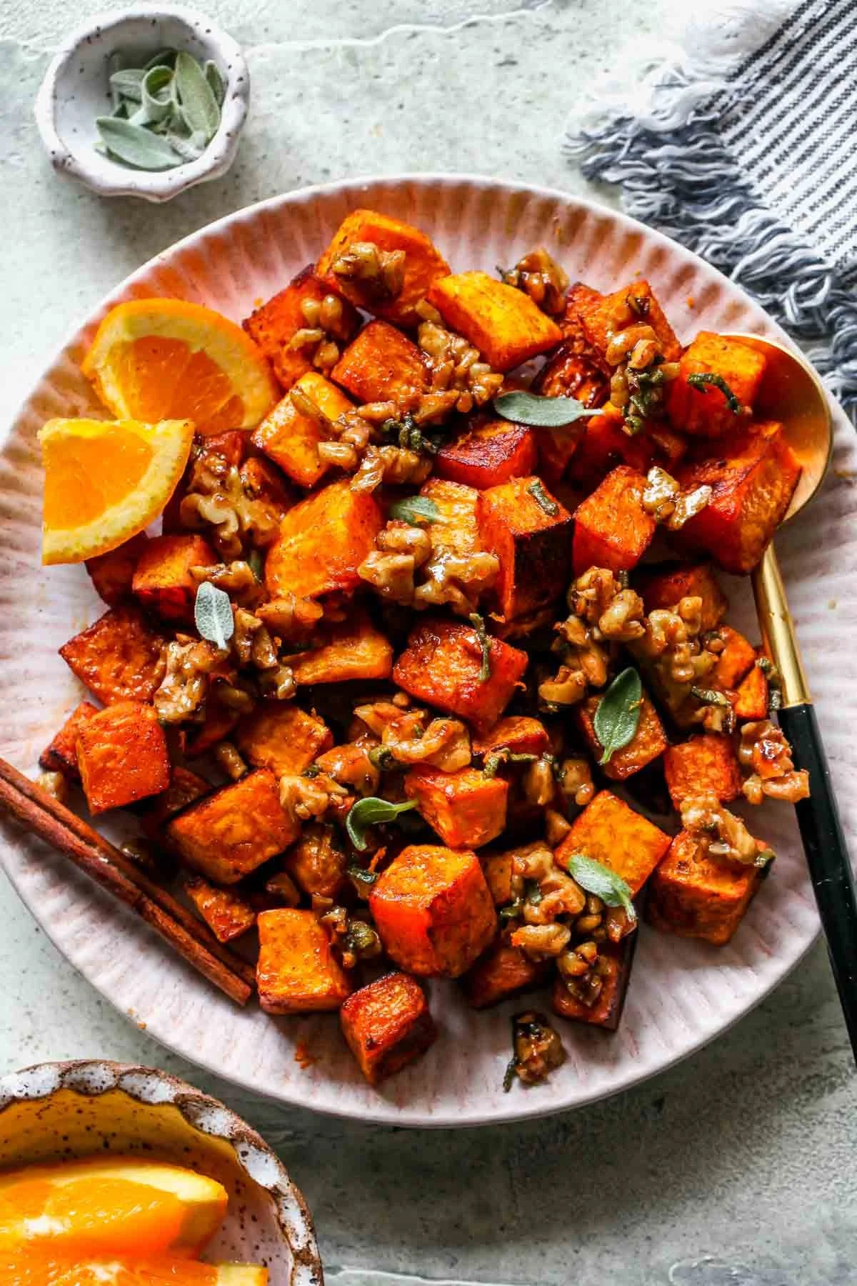Delicious roasted butternut squash topped with candied walnuts