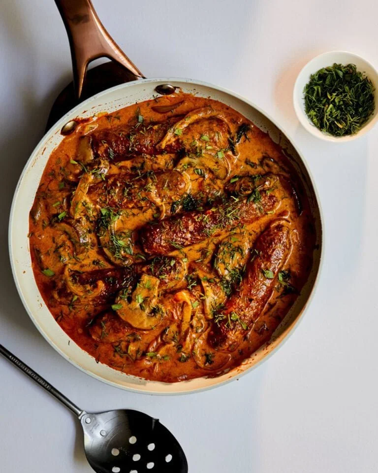 Delicious bowl of Sausage Stroganoff with creamy sauce and pasta