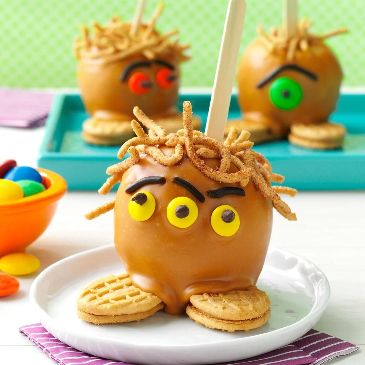 Scary Hairy Caramel Apples decorated for Halloween