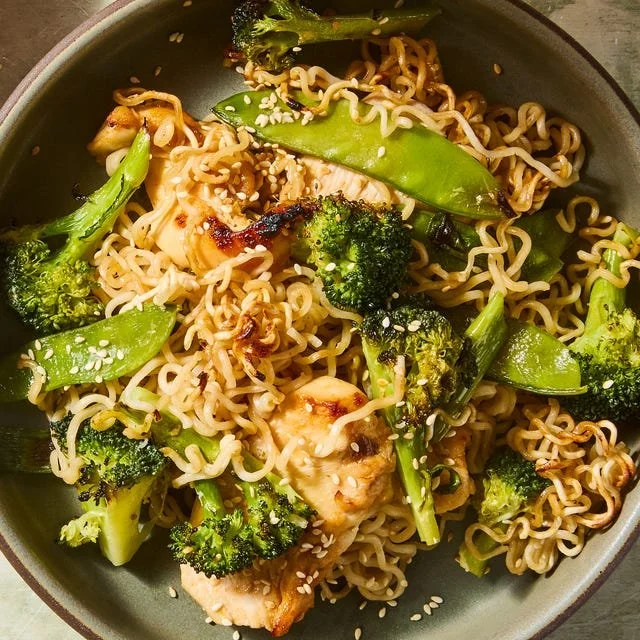 Delicious Sheet-Pan Crispy Ramen served on a colorful plate