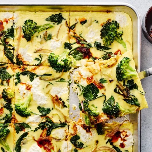 Delicious Sheet-Pan Frittata with vegetables and cheese baked in a sheet pan.