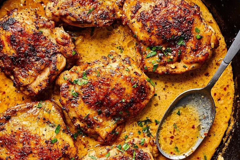 Skillet Chicken Thighs in Creamy Garlic Sauce
