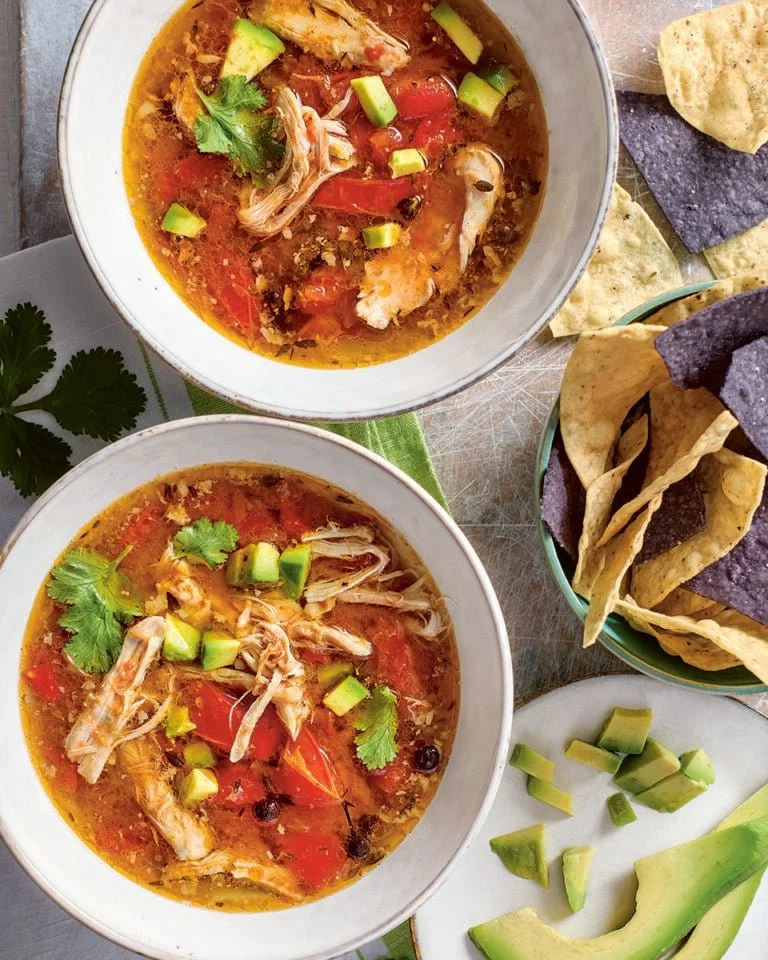 Slow Cooker Citrus Chicken Broth with Tortillas and Avocado