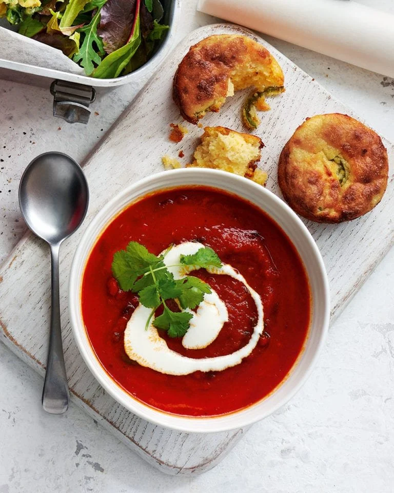 Smoky Tomato Soup with Cheesy Cornbread Muffins