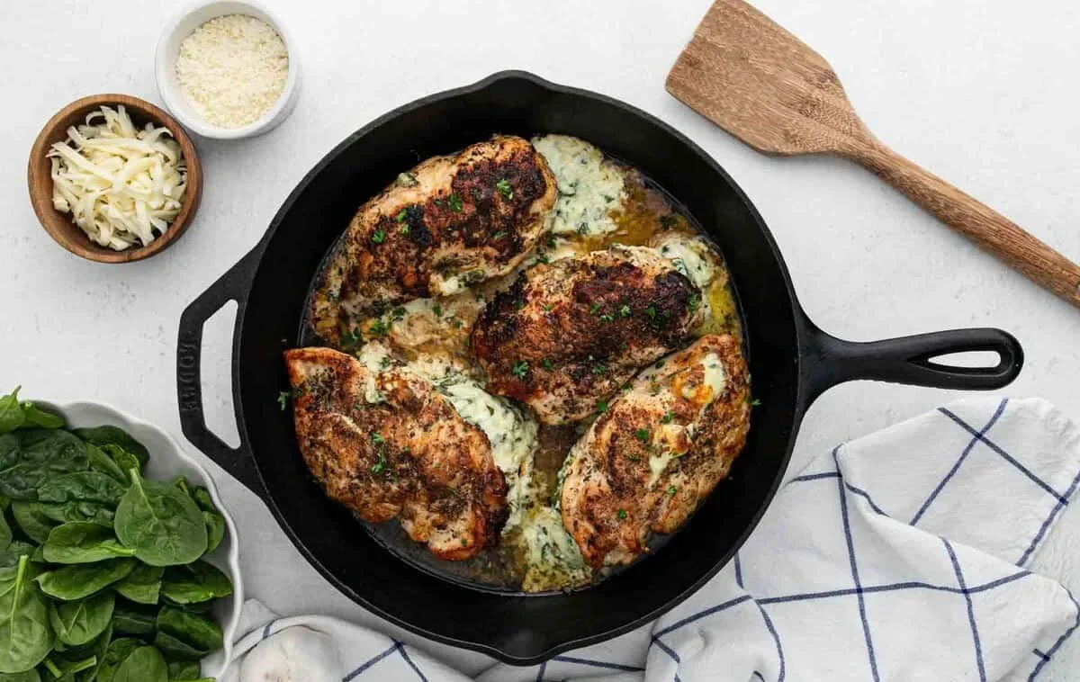 Delicious spinach stuffed chicken breast ready to serve.