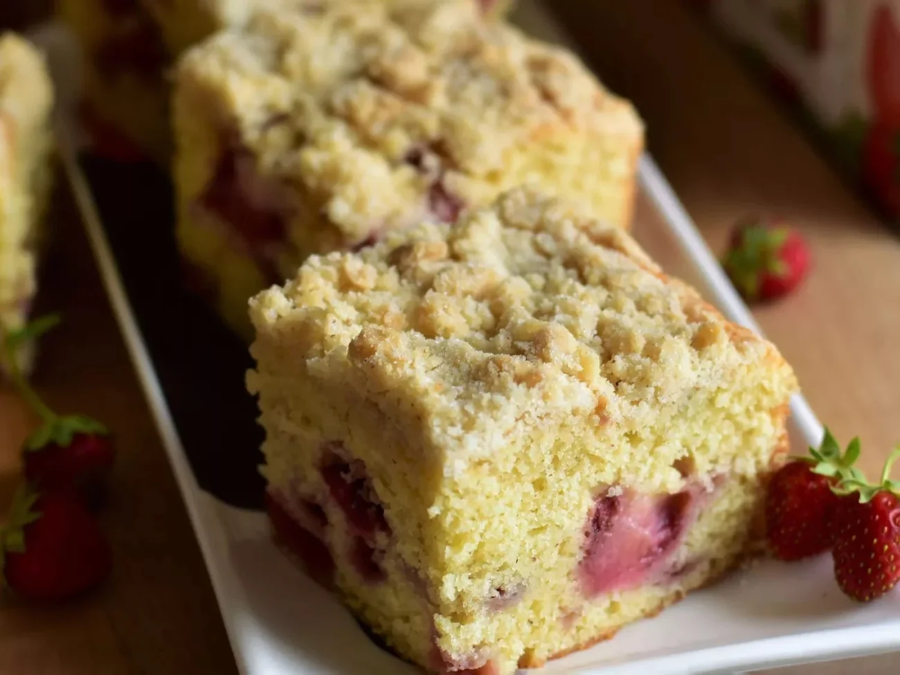 Strawberry Crumb Cake topped with fresh strawberries and crumbly topping