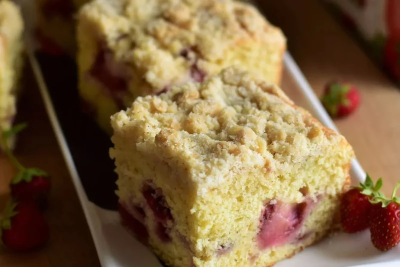 Strawberry Crumb Cake topped with fresh strawberries and crumbly topping