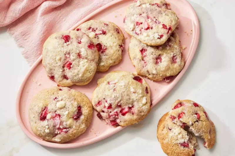 Delicious strawberry shortcake cookies topped with fresh strawberries.