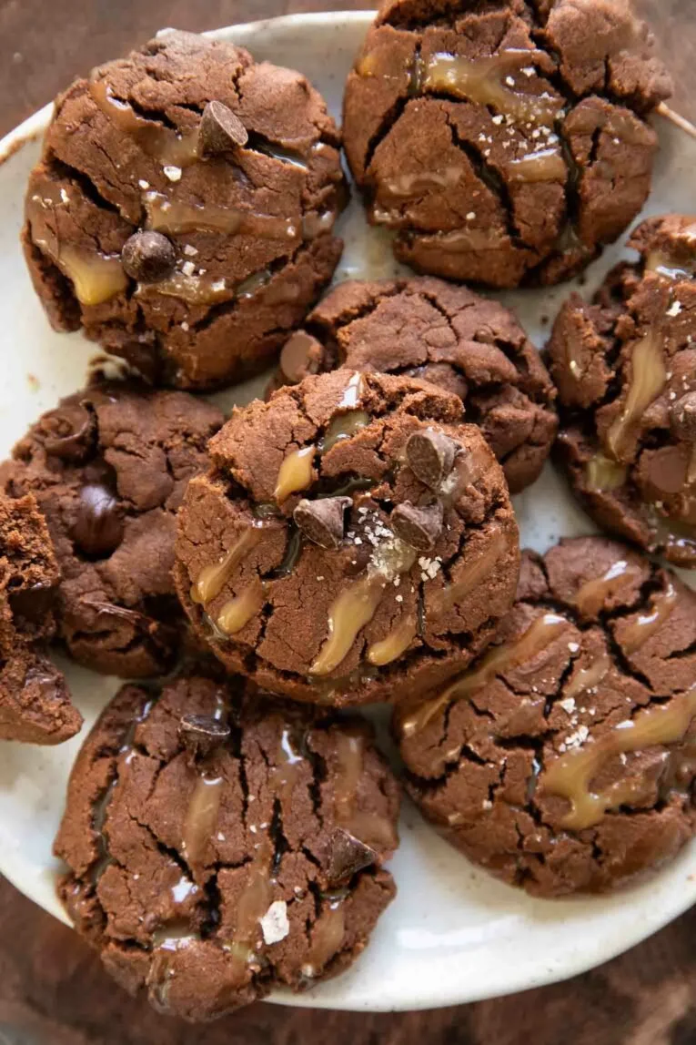 Vegan salted date caramel chocolate cookies on a plate